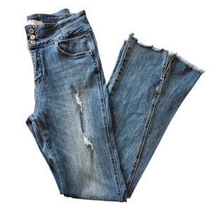 KanCan Miranda High Rise Flare Jeans Medium Denim Distressed Raw Hem 11 / 29